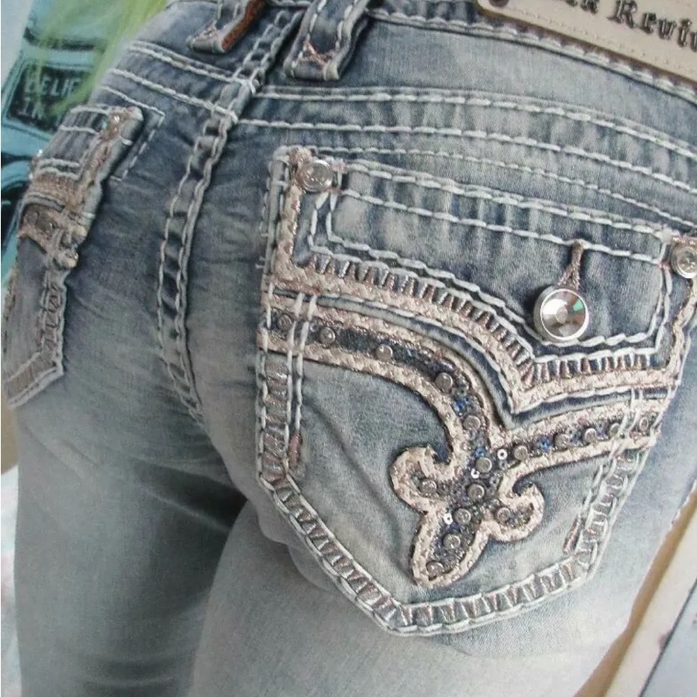 Rock Revival Blue Boot Cut Jeans with Embellished Back